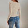 Women's Fashion Ribbed Solid Color V-neck Slim Long-sleeved T-shirt Tops