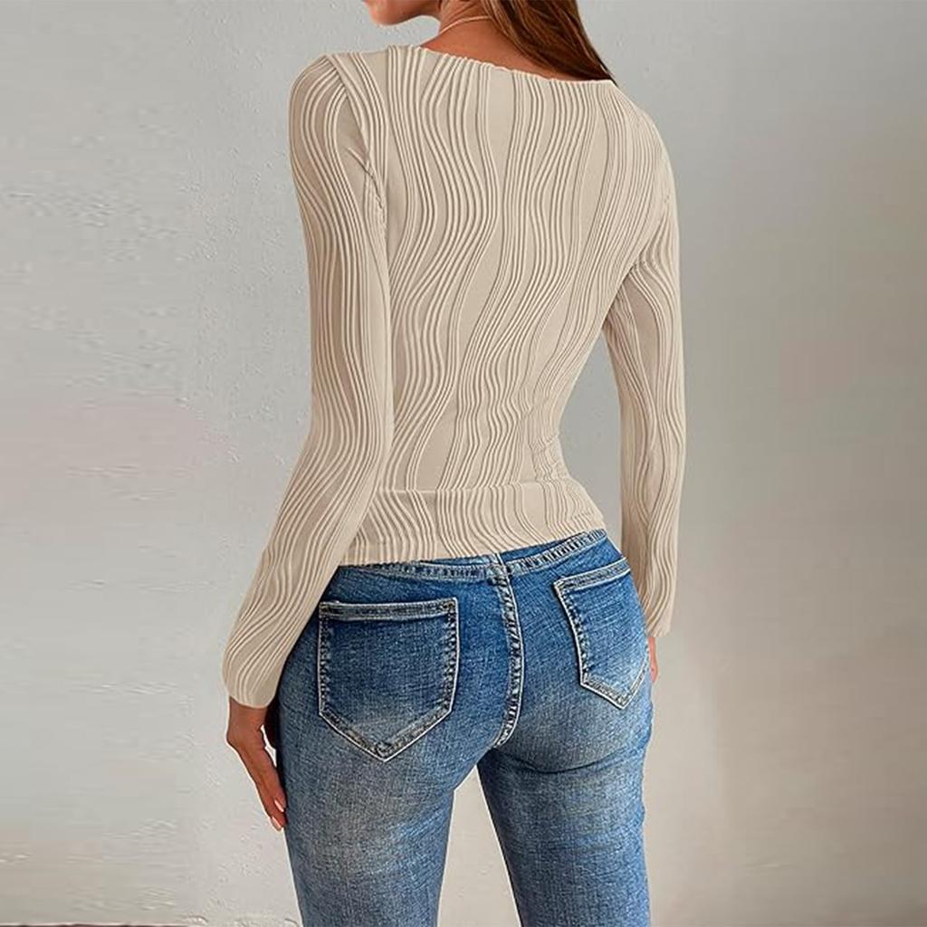 Women's Fashion Ribbed Solid Color V-neck Slim Long-sleeved T-shirt Tops