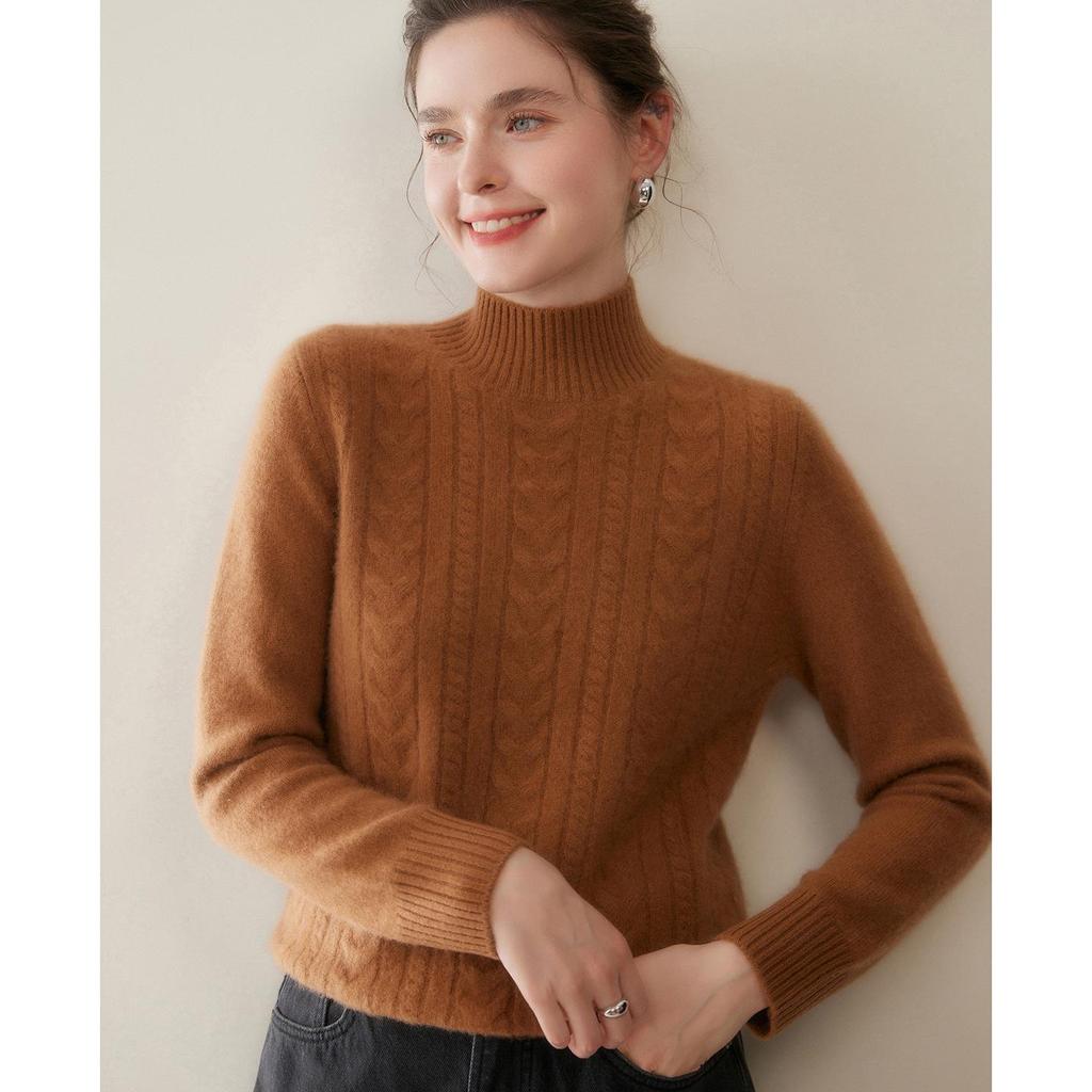 Women's Cashmere Cable Knit Semi-High Neck Sweater - Autumn/Winter Loose Fit Pullover