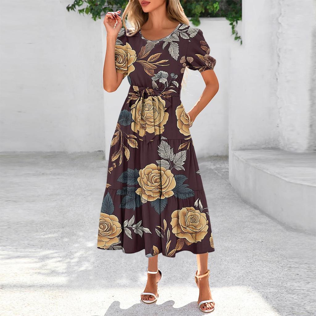 Women's Summer Short Sleeve Round Neck Waistband Bohemian Flowy Layered Maxi Dress With Pockets