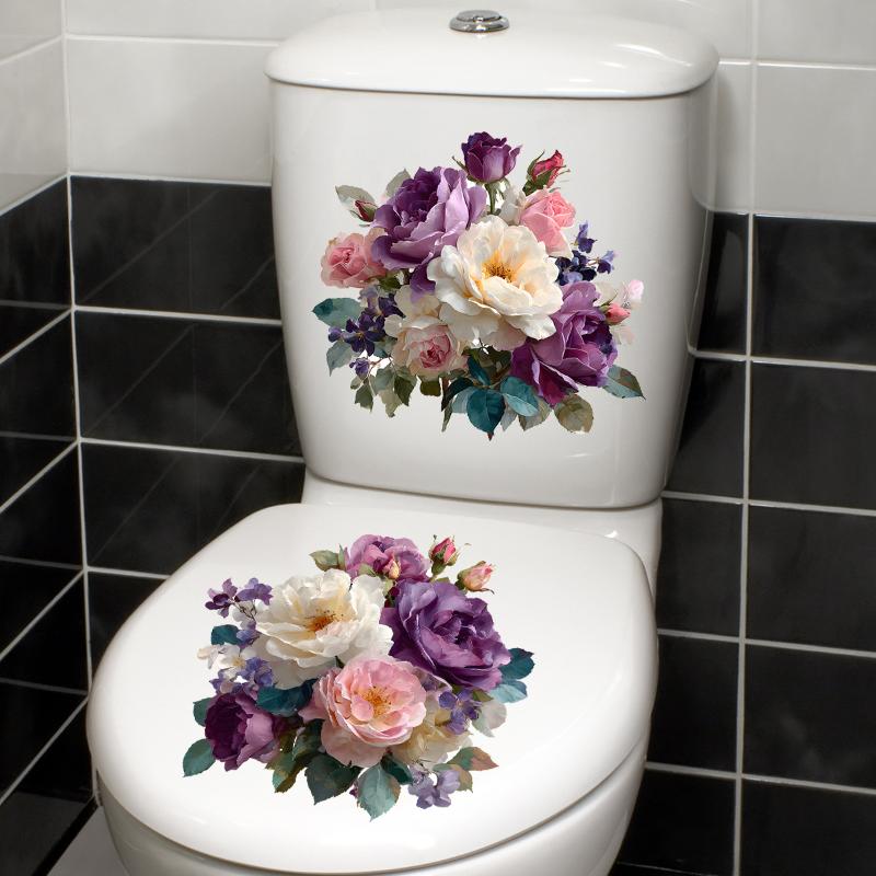 Fashion Watercolor Purple Pink Flower Toilet Stickers Bathroom Decoration Self-Adhesive Removable Pvc Waterproof Sticker