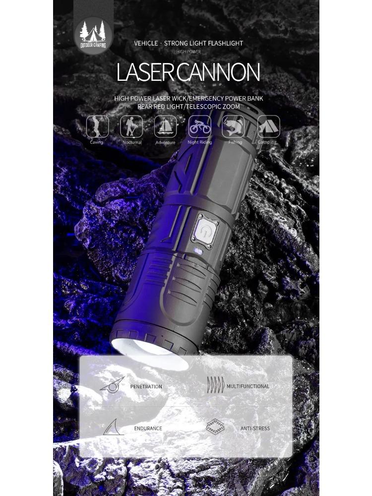 Powerful White Laser Flashlights Telescopic Zoom Tactical Spotlights Rechargeable Outdoor Torch With Tail Light Built-in Battery