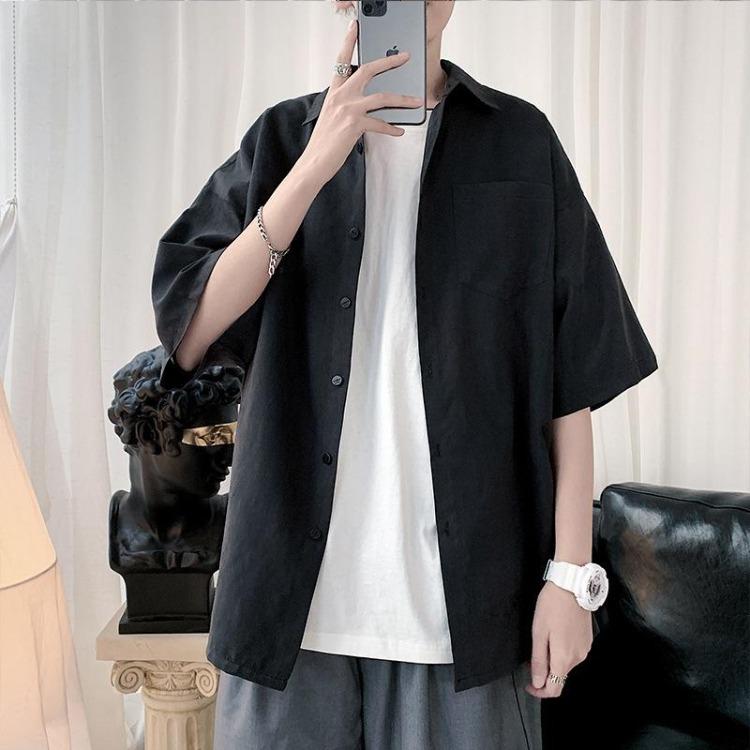 Men Summer Short Sleeve Solid Color Shirt Loose Thin Large Size Sports Coat