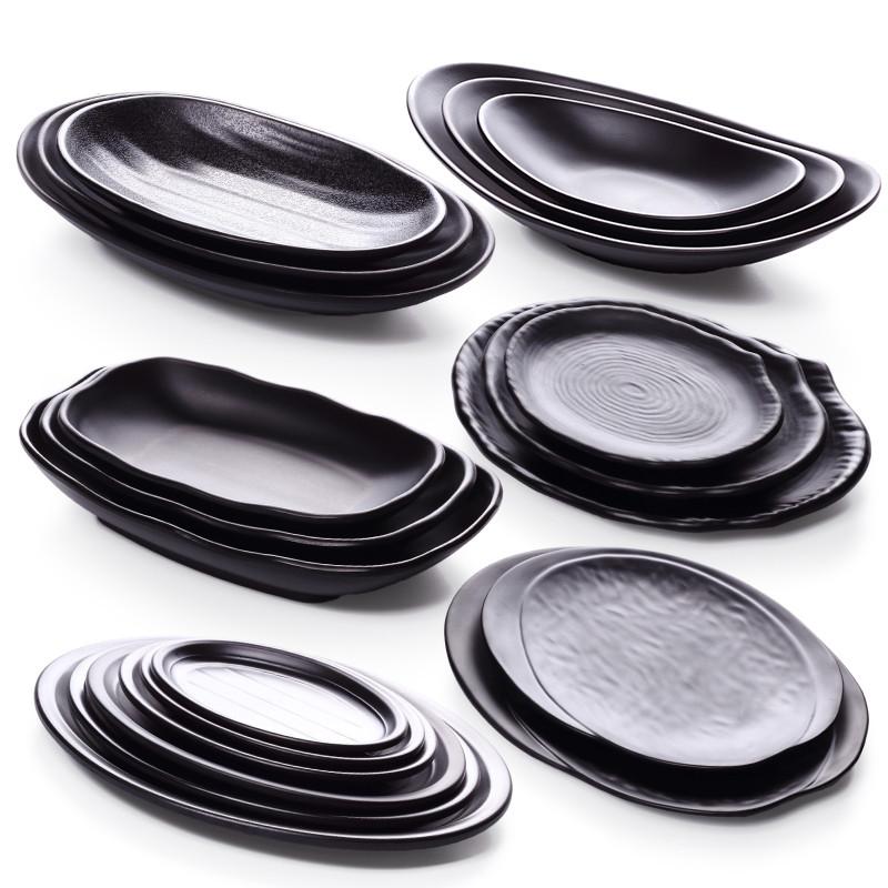 Black Frosted Oval Plastic Dinner Plate Melamine Tableware Picnic Barbecue Plate Snack Plate Sushi Plate Creative Tableware