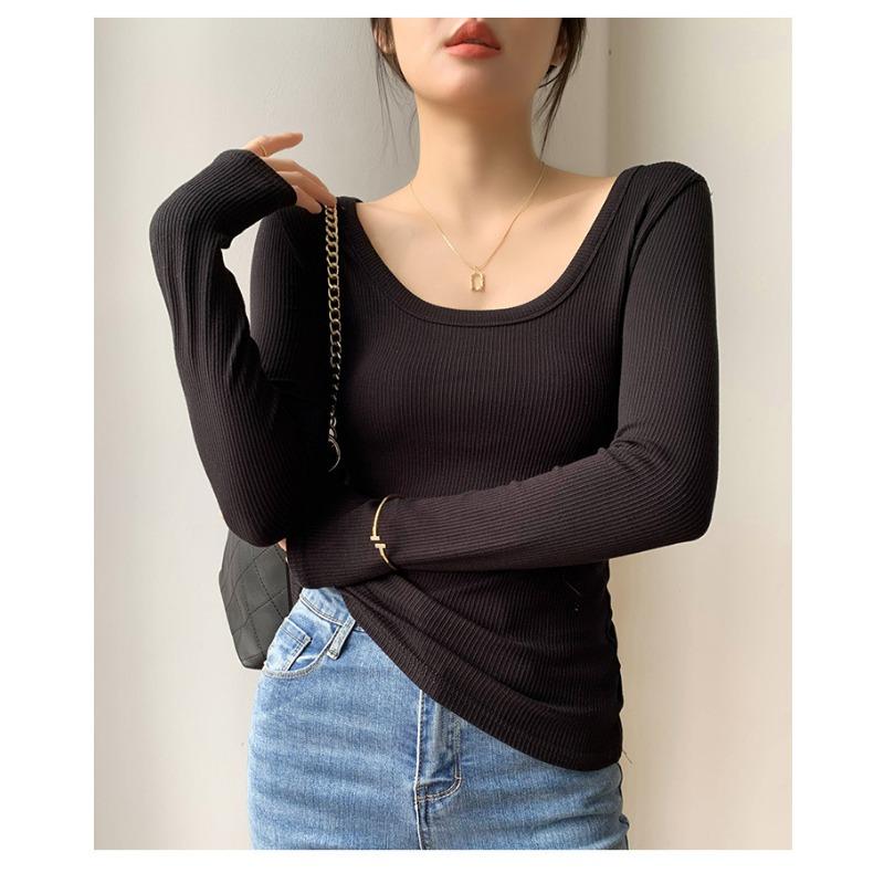 Women Solid High Elastic Slim Long Sleeve Round Neck Casual Bottoming T Shirt