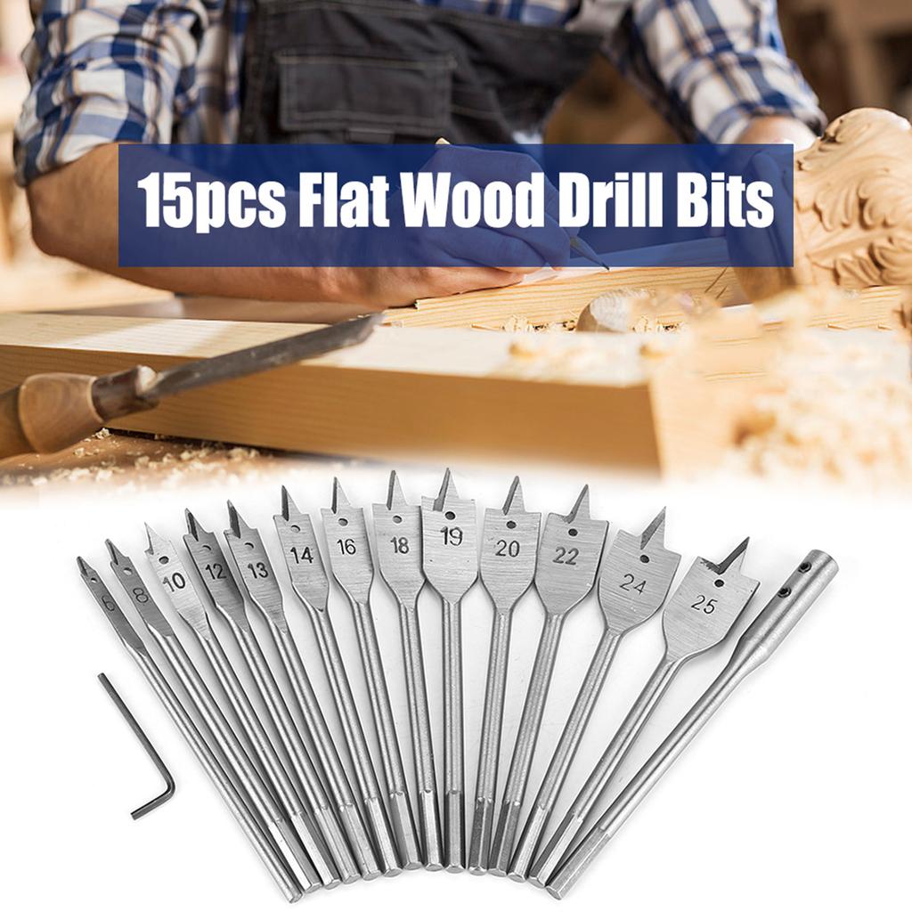 15pcs Carbon Steel Hex Shank Spade Flat Wood Drill Bit Set 6?25mm for Wood Drilling Power Tools
