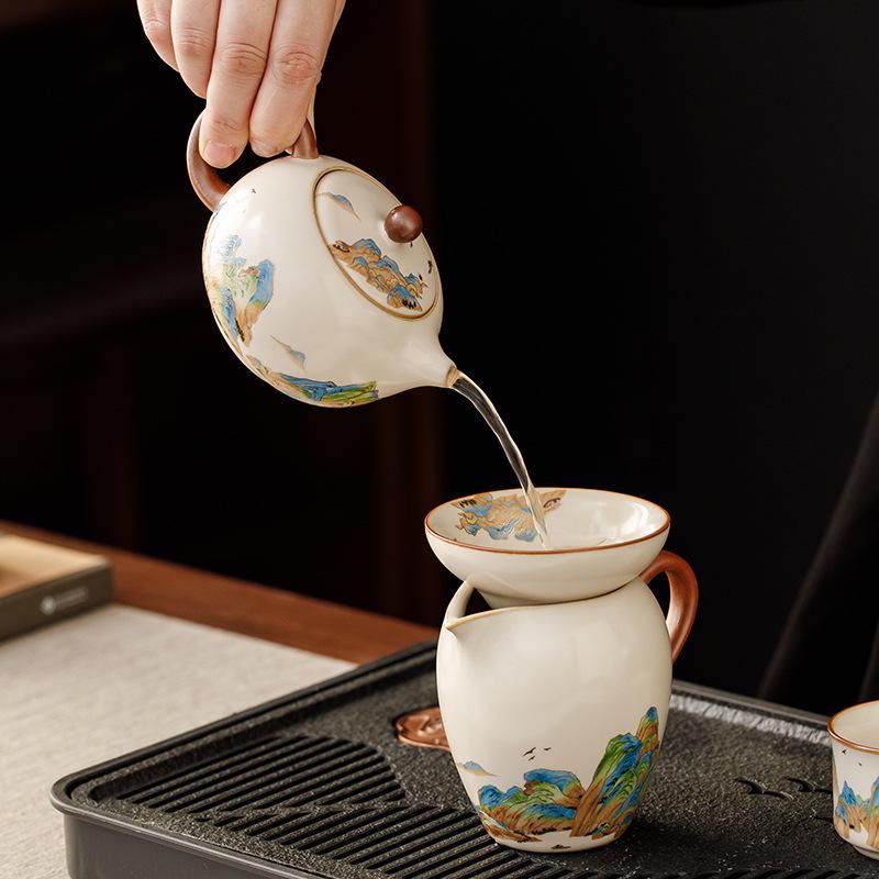 Ru Kiln Light Luxury Tea Set: 'A Thousand Li of Rivers and Mountains' - Complete Teapot and Teacups Gift Box for Elders