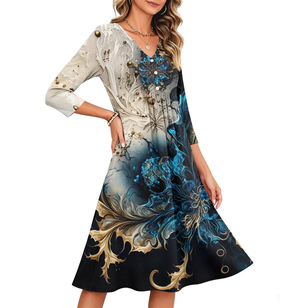 Women's Casual Floral Print Dress with V-Neck and Three-Quarter Sleeve