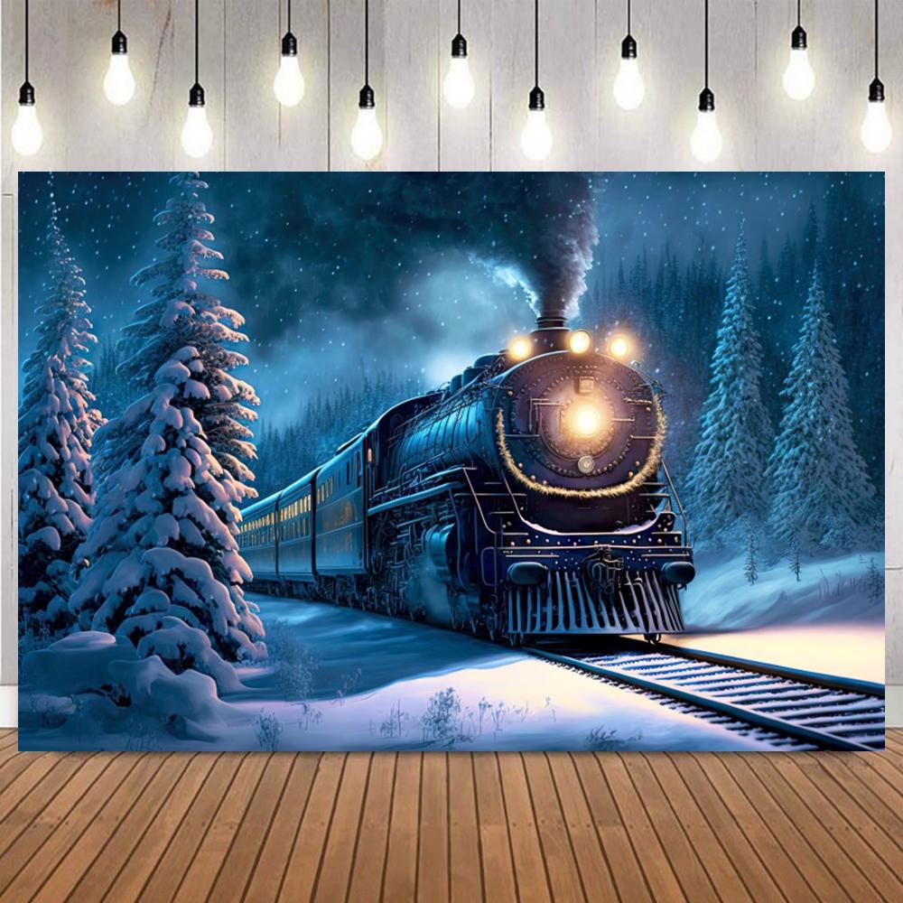 Merry Christmas Train Theme Photography Backdrop Snow Forest Xmas Tree Starry Night Birthday Party Decor Photo Background Prop