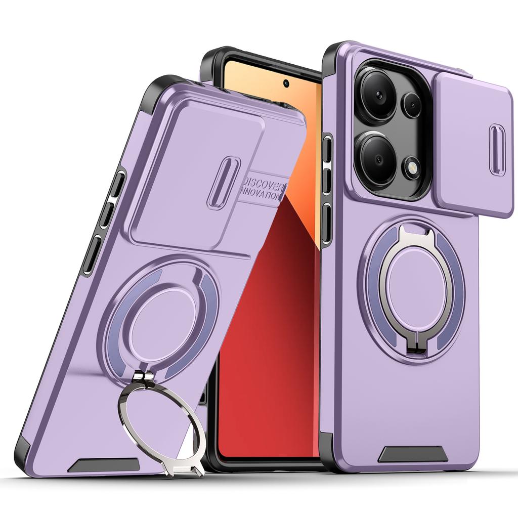 Magnetic Metal Ring Stand Armor Case For Xiaomi Redmi Note 13 5G Note13 Pro 4G 14S Slide Push Window Lens Protection Phone Cover
