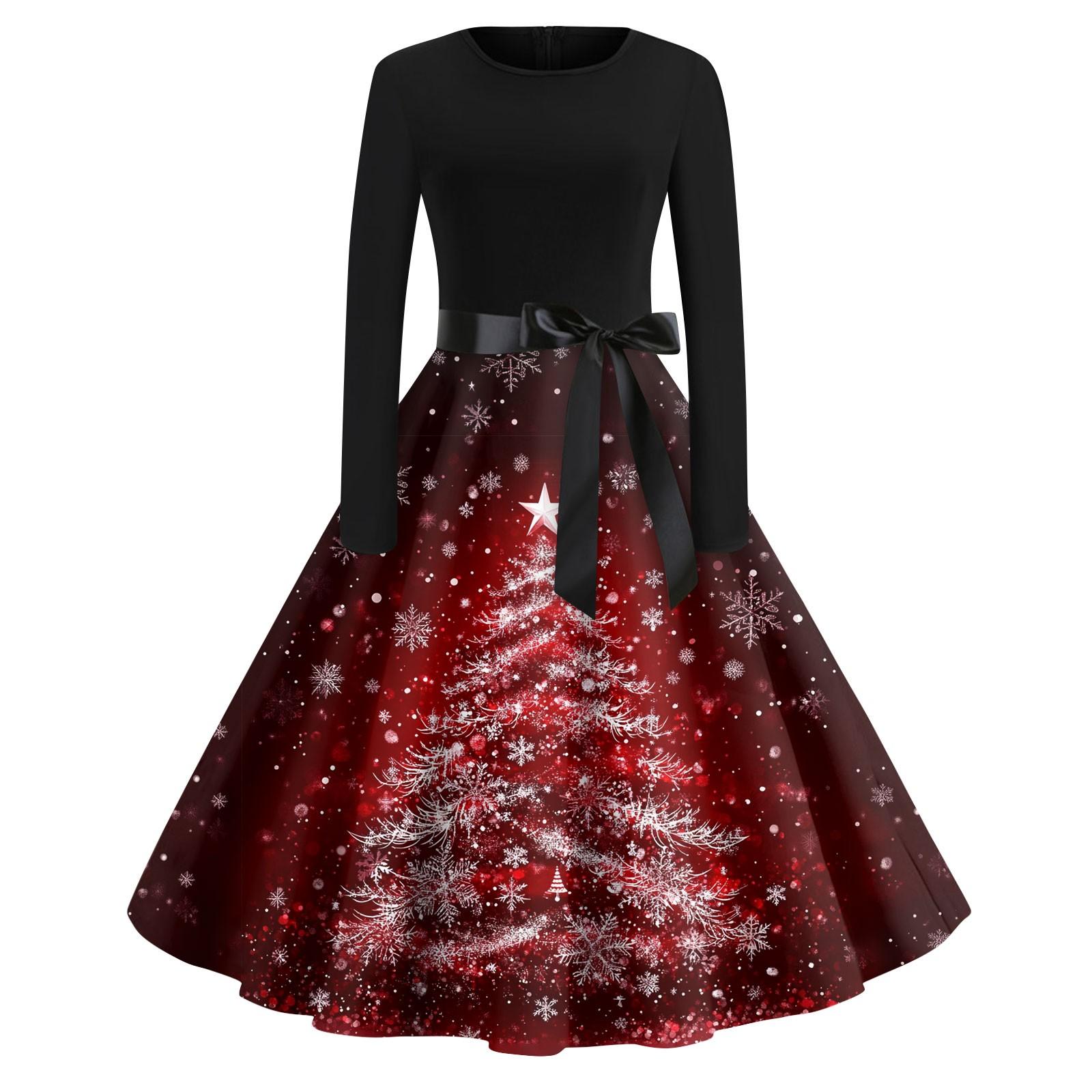 

Женская мода с круглым вырезом, повседневные тонкие рождественские платья с длинным рукавом и принтом M винный