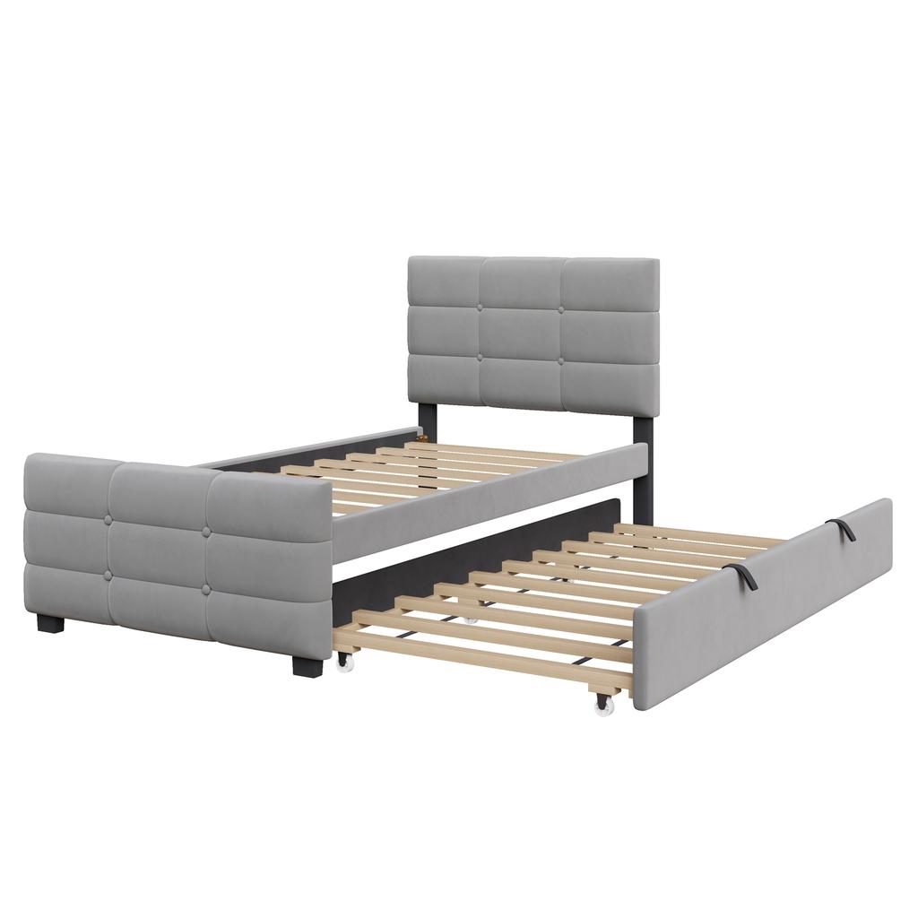 Upholstered Bed 90 X 190 Cm with Pull-Out Bed, Flat Single Bed In Skin-Friendly Velvet Fabric, Children's Bed Youth Bed Guest Bed (Grey)