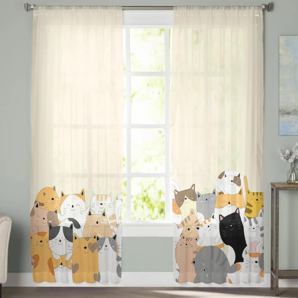 Cartoon Animal Cat Sheer Drapes for Living Room Bedroom Printed Window Curtain Luxury Home Balcony Decor Curtain Panels