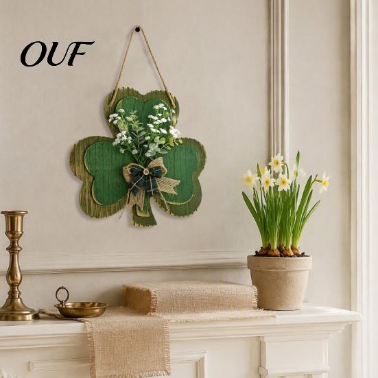 Green Artificial Floral Wreath St. Patrick's Day Wooden Clover Door Sign with Hemp Rope, Rustic Double Layer Shamrock Hanging St Patricks Party