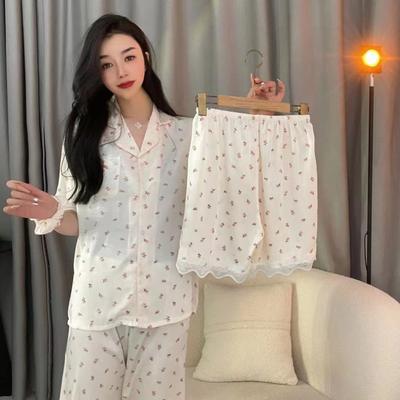 Baskı Moda 3 Adet Takım Elbise Üst + Şort + Uzun Pantolon Kadın Pijama Dantel Tatlı Pijama