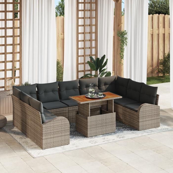 VidaXL Ensemble de salle à manger de jardin de 10 pièces avec coussins en gris poly rotin et acacia 3349628