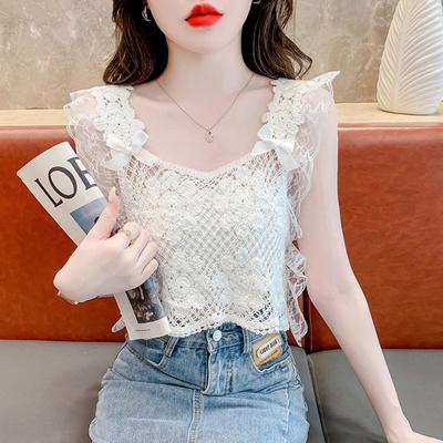 New Casual Hook-flowered Hollow Vest for Women with High Waist Short Personalized Design Lace Top