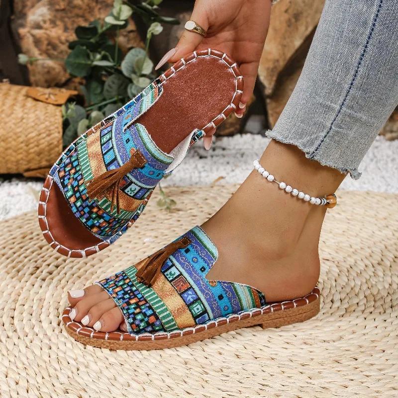Fashion Women 2025 Summer Tassels Decor Beach Slippers New Bohemia Style Print Flat Sandals Outdoor Elegant Slippers Women Slides Women