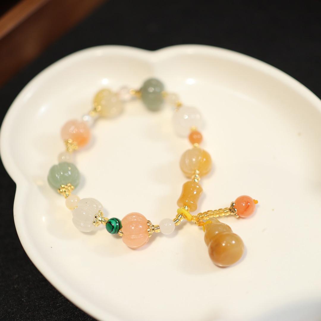 

Браслет из чистого натурального нефрита, браслет в парном стиле, бусины в этническом стиле, бамбуковые шарниры, висячие тыквы, браслет из желтого нефрита, ювелирное изделие, подарок
