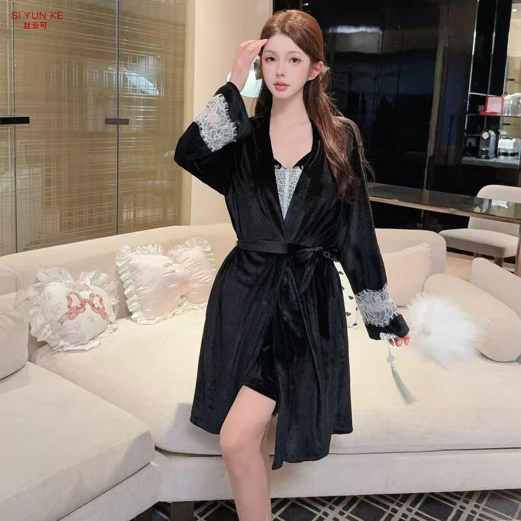 Golden velvet sexy pajamas women's autumn and winter high-end eyelashes lace pure desire wind suspender robe with chest pad loungewear