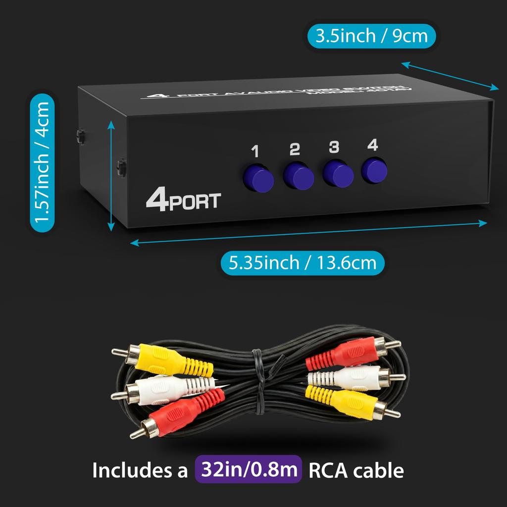 Fosmon RCA Splitter AV Selector 4 Inputs 1 Output Stereo Switching Box RCA Composite AV Cable Included 1 Compatible with and Game Consoles 4-Way & —