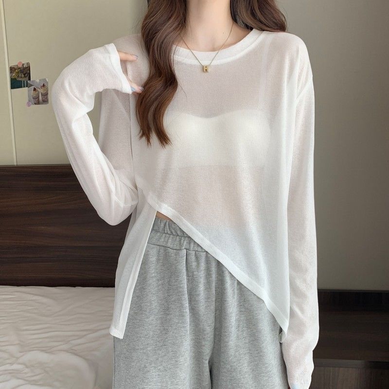 Versatile Plus Size T-shirt for Women, Summer Round Neck Basic Style, Loose and Lazy, Versatile, Irregular Sun Protection Top