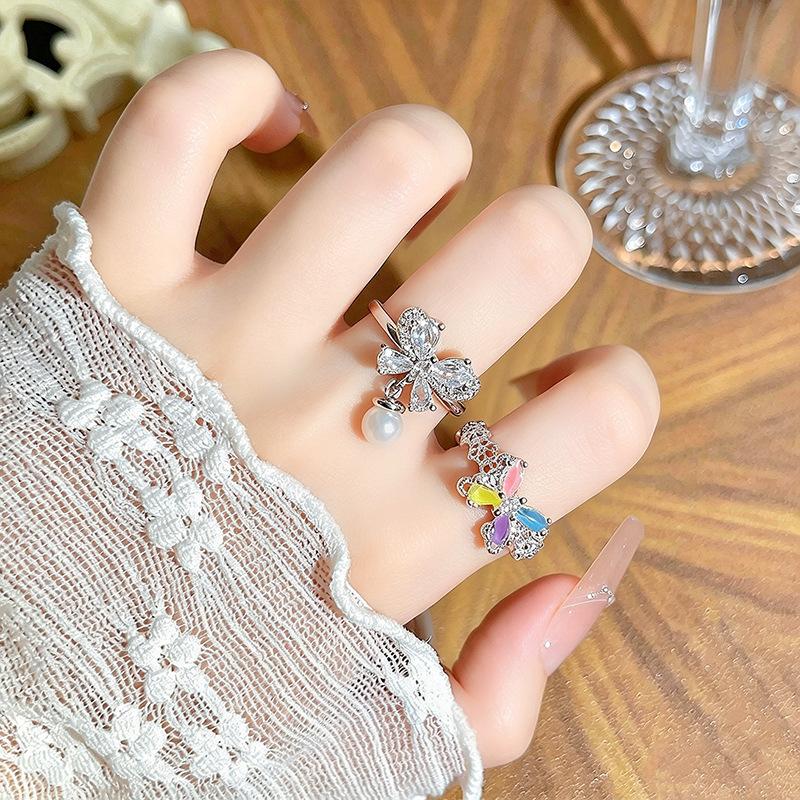 Colorful Zircon Bead Butterfly Open Ring Sweet Dreamy Niche High‑End Adjustable Stack‑Wear Personalized Fashion Jewelry