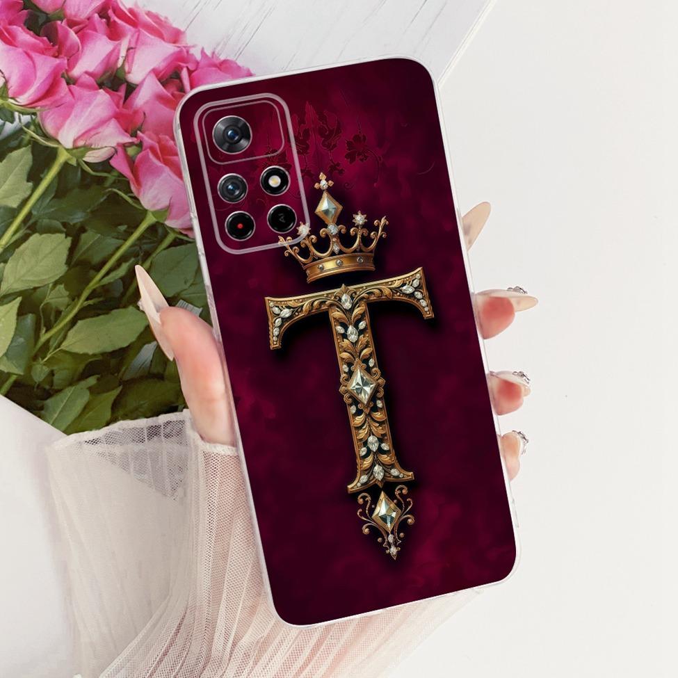 For Xiaomi Poco M4 Pro 5G Case Transparent Luxury Crown A-Z Letters 2D Flat Pattern Soft Phone Case 21091116AG MZB0BGVIN