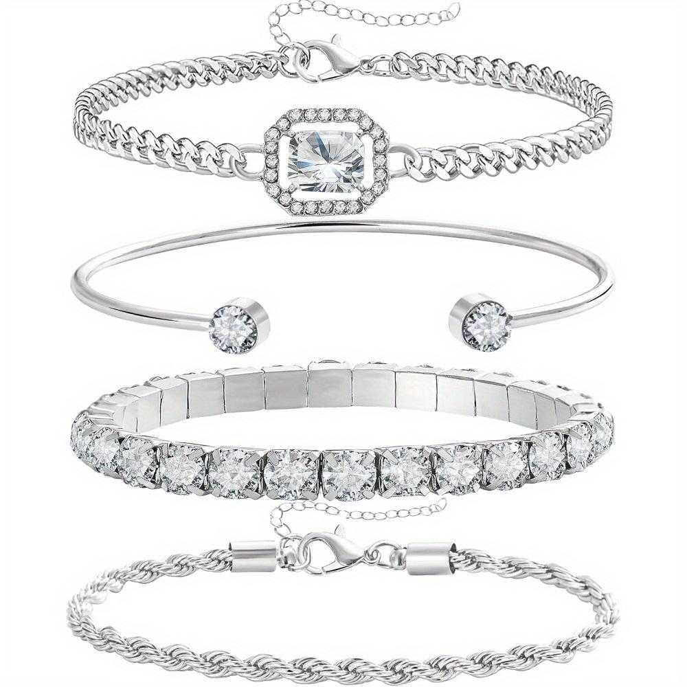 4Exquisite gold and silver bracelet set for women, with cubic zirconia inlay, layered chains, adjustable trendy jewelry