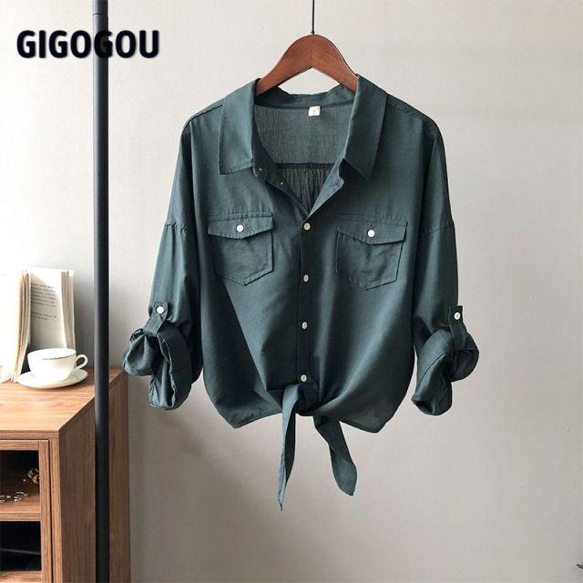 

Свободные повседневные белые рубашки для женщин с отложным воротником, женская верхняя блузка, весна-лето 2022, BF, корейский стиль, Blusaa с карманами M зелёный