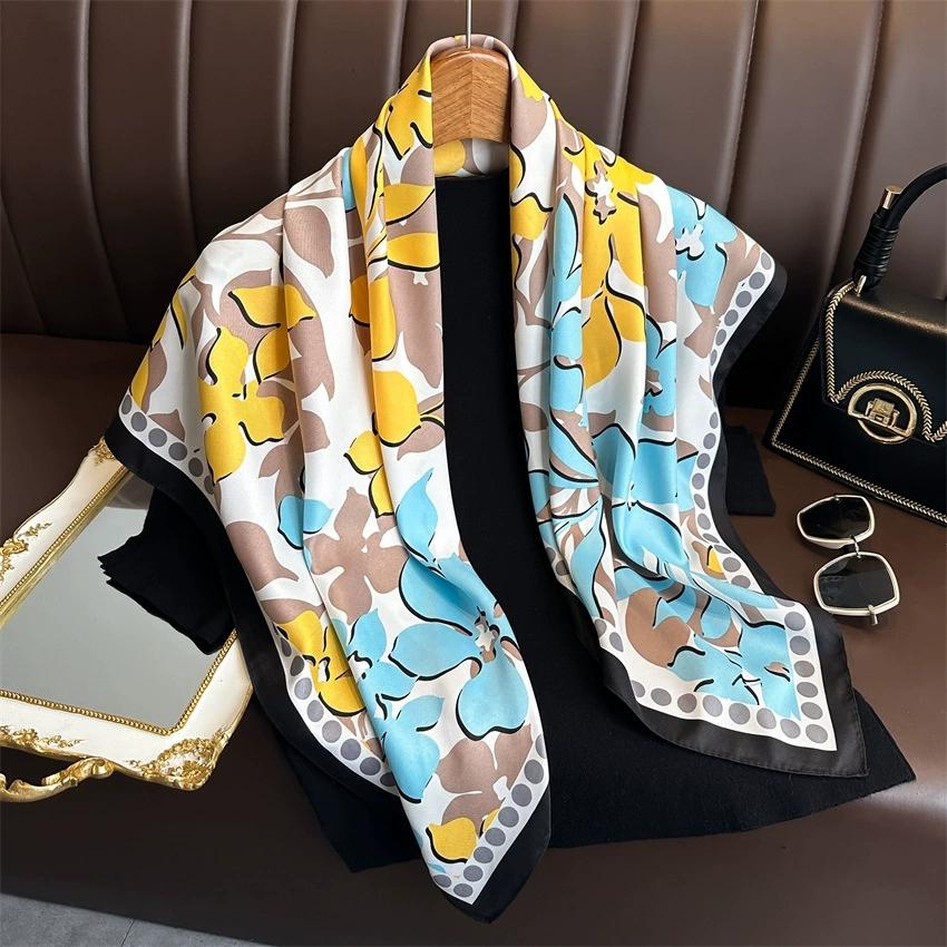90Cm Luxury Fancy Square Scarf For Ladies Flower Print Silk Scarf Women Bandana Large Hijab Female Shawl Scarves Warps