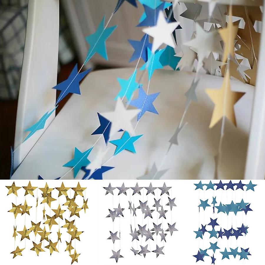 Bright Gold & Silver Paper Garland Star String Banners for Wedding Christmas Baby Shower Party Home Hanging Decor