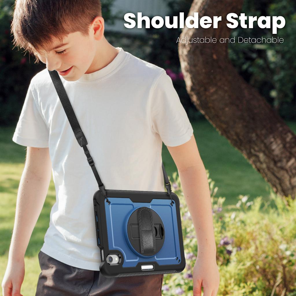 For iPad Mini (2024)/(2021) Case Kickstand PC+TPE Tablet Cover with Hand Strap and Shoulder Strap