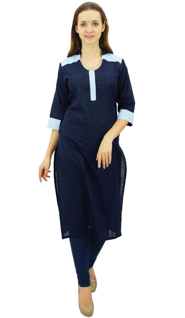 Bimba Women's Straight Kurta Slub Cotton Kurti Indian Long Tunic Blouse | Navy Blue|