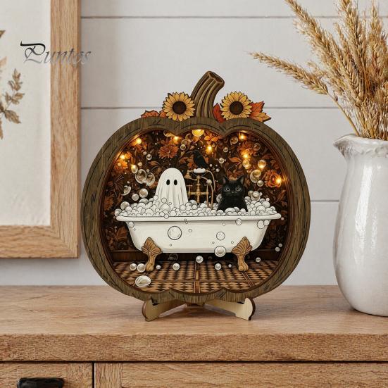 Fall Harvest Home Decoration Halloween Ghost Wooden Tabletop Ornament, 2D Flat Cute Reading Bathing Thanksgiving Table Centerpiece Watering