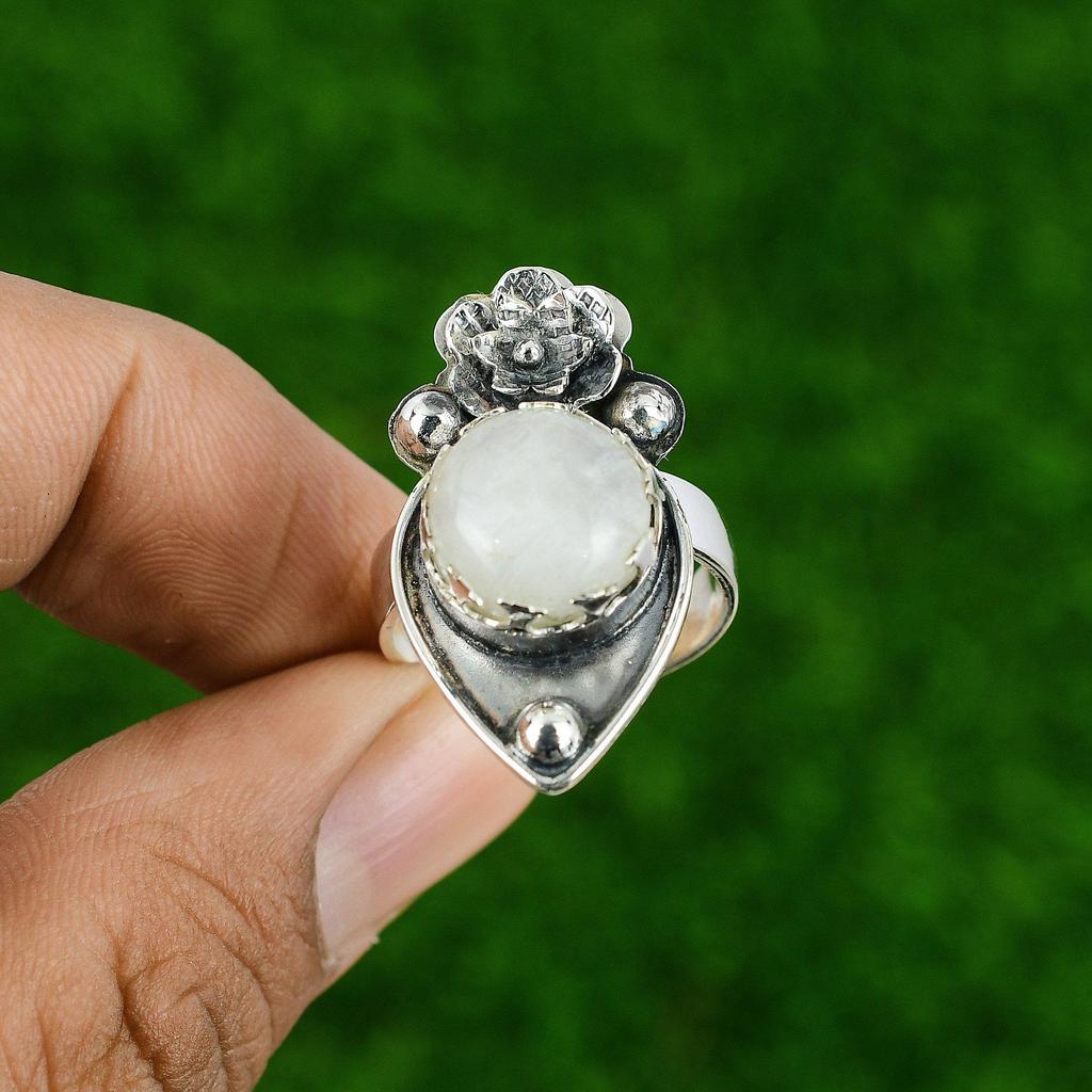 Bague Ajustable Fleur Déclaration Pierre de Lune Arc-en-Ciel Naturelle Argent 925