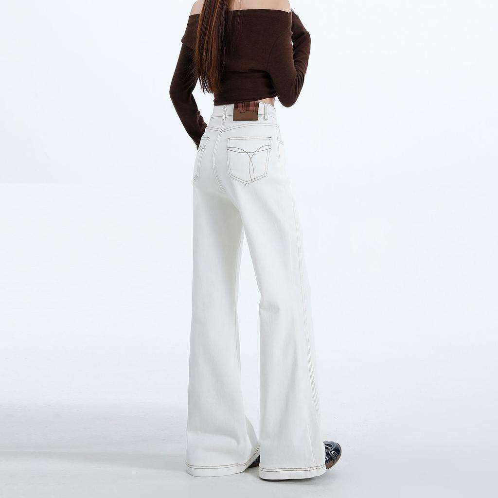 Spring Summer Off White Embroidery High Waist Slim Flare Floor Wide Leg Elastic Denim Pants For Ladies Casual Pants Oversize Denim Trousers