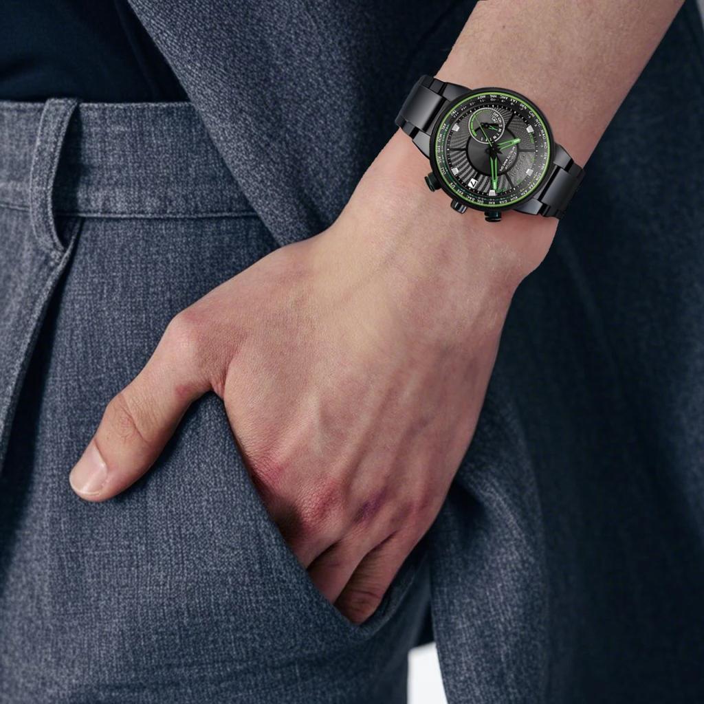 Citizen Eco-Drive Serie Grüner Zeiger Tief Wasserdicht Sport Mode Quarzwerk Edelstahl Uhr Herrenuhren schwarz silber CC3075-80E