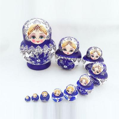 10Pcs/Set Wood Matryoshka Wooden Doll Toys Blue Floral Print Stacking Dolls  Decor Crafts