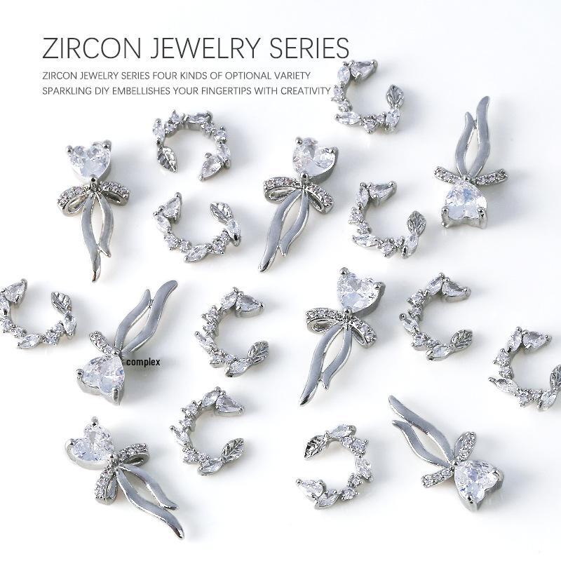 Gold & Silver Bow Heart Zircon Rhinestone Nail Art Jewelry
