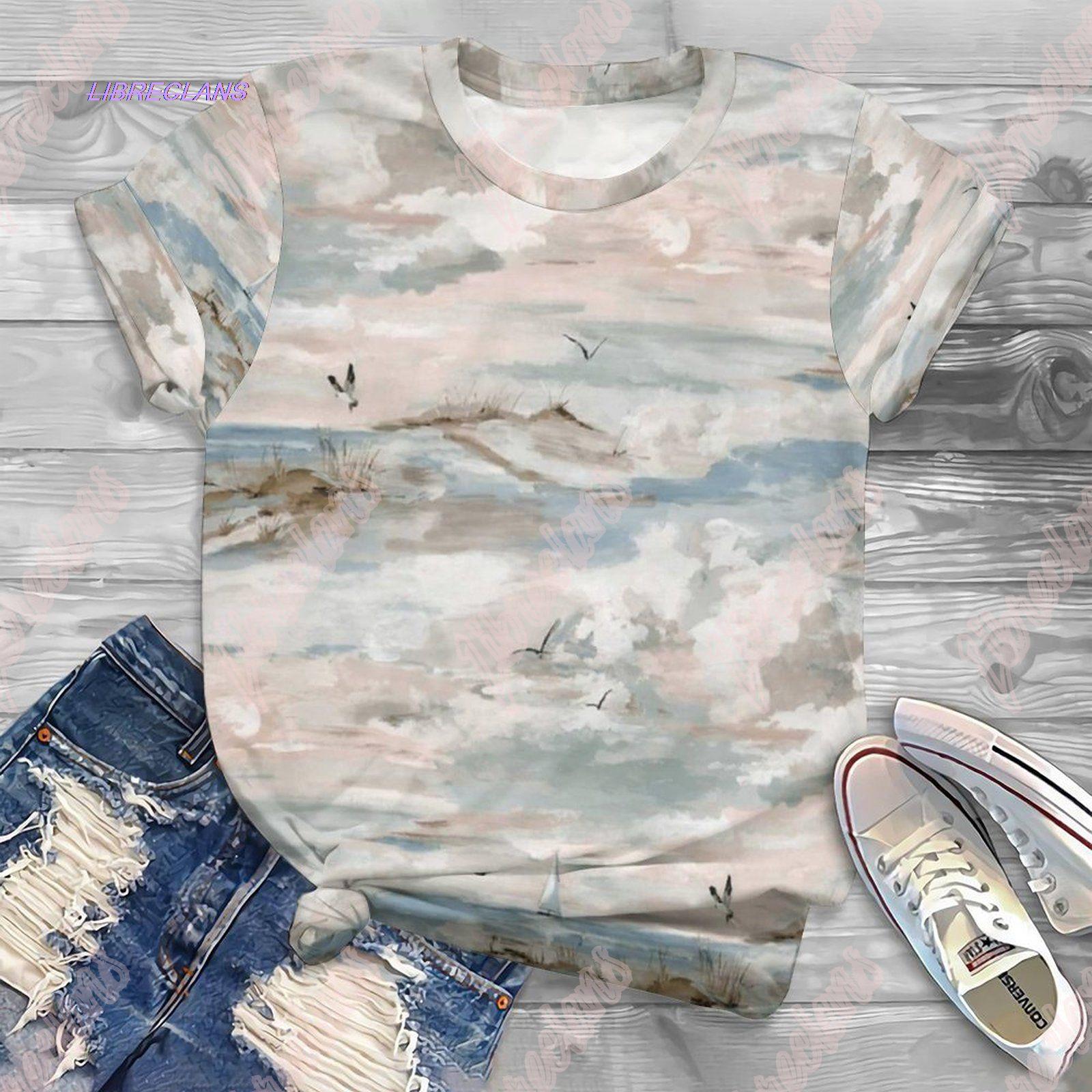 

2023 Новая летняя мода Универсальная повседневная футболка с принтом с приморским узором, тщательно сконструированные ткани, женский короткий рукав