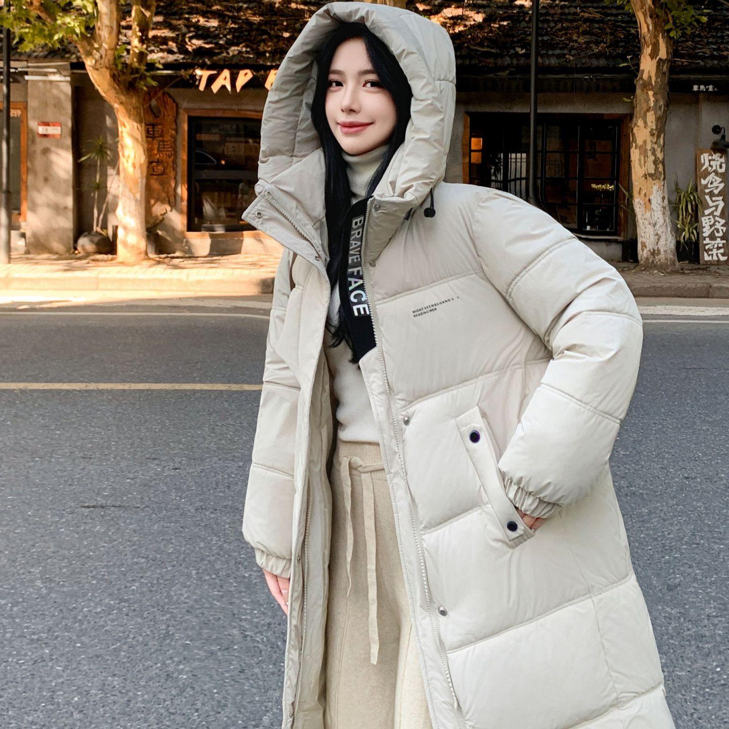 

Длинная куртка-пуховик с капюшоном выше колена для женской зимы, новая свободная куртка с хлопковой подкладкой, утолщенная теплая куртка с хлопковой подкладкой XXL белый