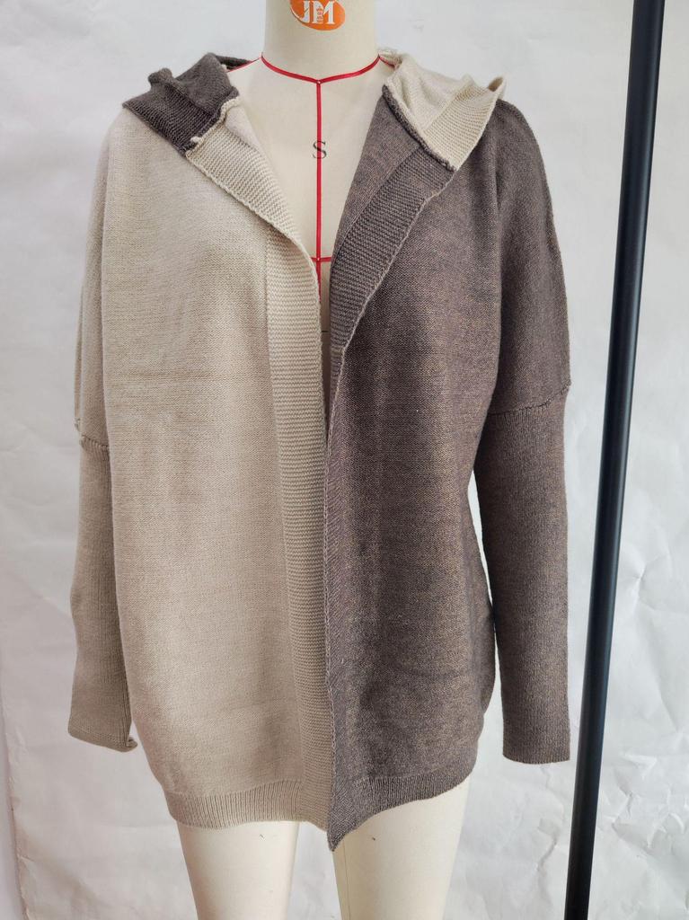 Color Block Hooded Knit Cardigan - Women's Mid-Length Outerwear for Autumn/Winter 2025