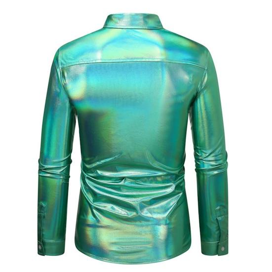 Men Disco Shirt Shiny Golden Sequin Metallic Dress Shirt Lapel Long Sleeve