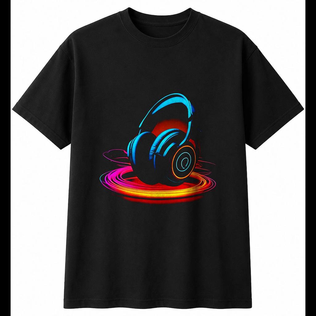 Headphones Neon Glow Mens T-Shirt Retro Black 100% Cotton Motoring Printed
