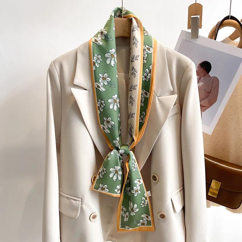 Fashion New Small Silk Scarf Women Tie Bag Headband Flower Printing Hairband Korean Style Neckerchief Ribbon Luxury Brand
