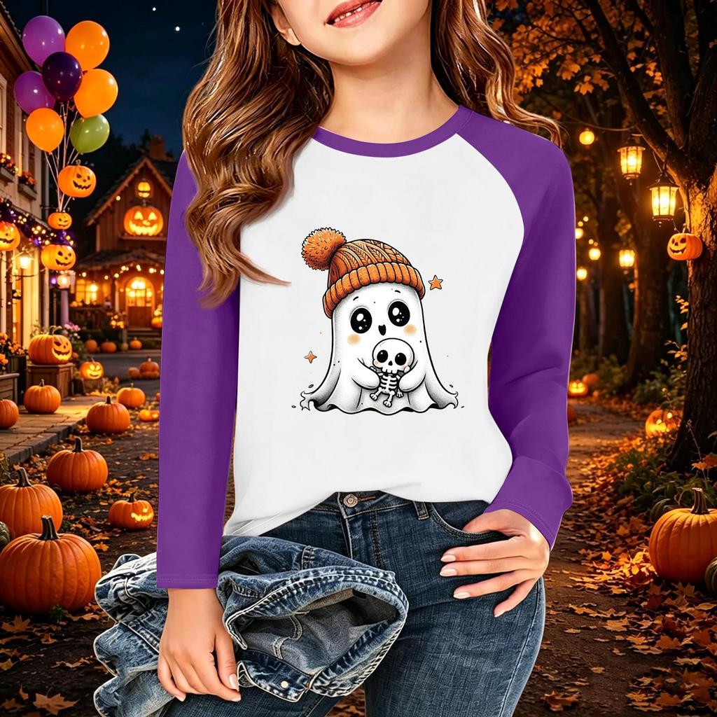 Kids Halloween Print Long Sleeve T-Shirt Casual Round Neck Top for Party and Daily Wear