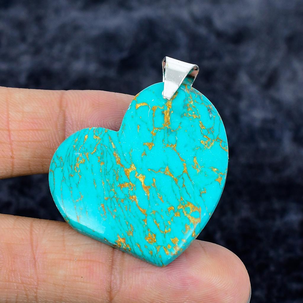 Copper Blue Turquoise Gemstone 925 Sterling Silver Jewelry Pendant 1.77" M-3351