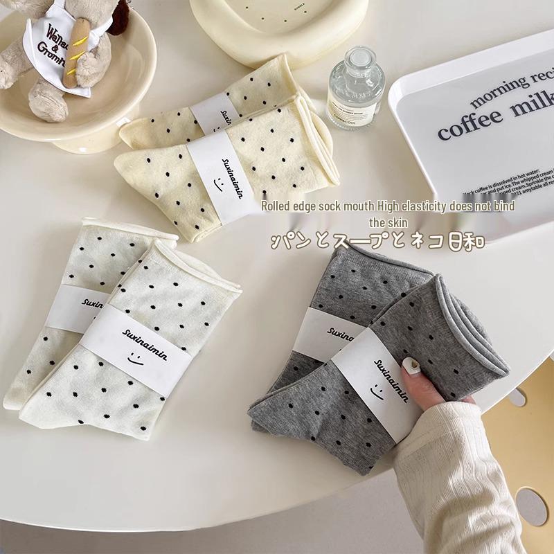 Women's Polka Dot Mid-Calf Socks - Spring To Autumn, Trendy Korean Style, Thin Sports Design with Rolled Edge.