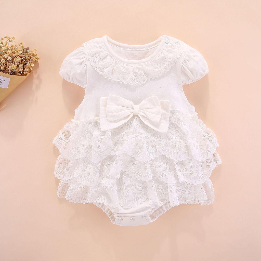Korean Sweet Summer Multi-layer Mesh Bow Lace Neckline Cotton Baby Outfit (0-1 Year)